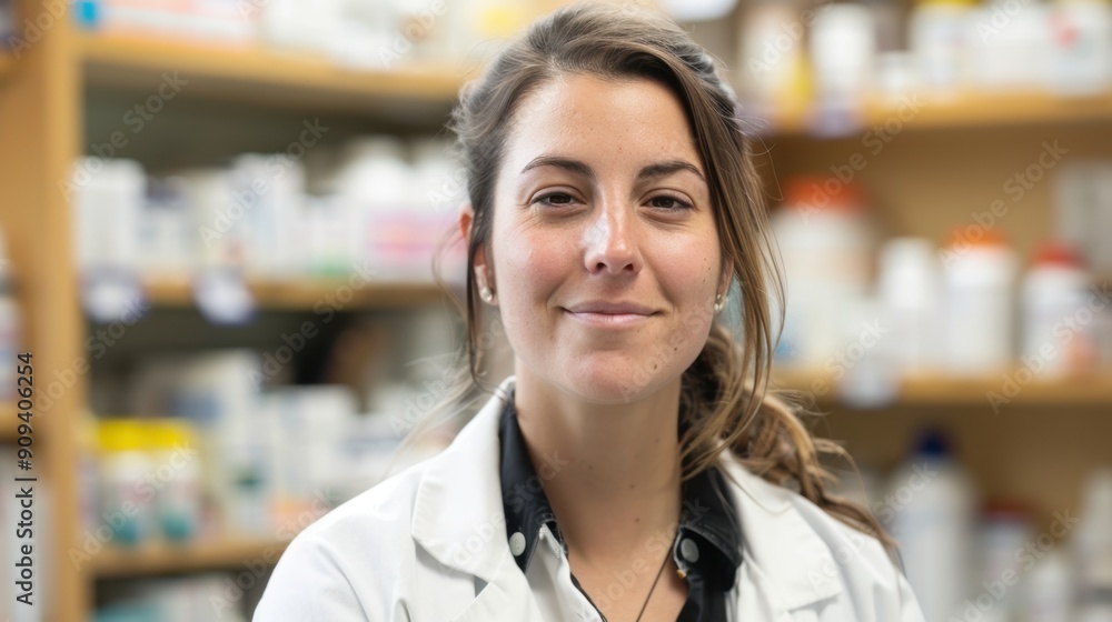 Female pharmacist with white lab coat in front of medicine cabinets.Woman with medical occupation, looking at camera. Female pharmacist with white lab coat in front of medicine cabinets.Woman with medical occupation, looking at camera.