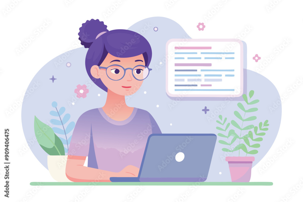 Young woman with laptop. Remote work, freelance concept for banner or landing web page Young woman with laptop. Remote work, freelance concept for banner or landing web page