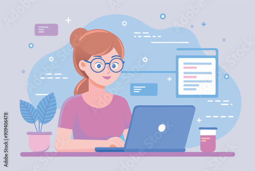 Young woman with laptop. Woman IT developer. Remote work, freelance concept