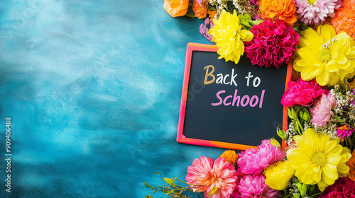 Back to School Day Sign with Flowers and Pencils in Classroom for Education, Learning, and School Themes photo