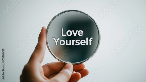 Hand Holding Mirror with Love Yourself Text on Reflective Surface for Inspirational and Self-Love Themes photo