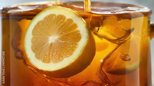 Closeup of a hot toddy mix being poured into a mug highlighting the layers of es and citrus. photo