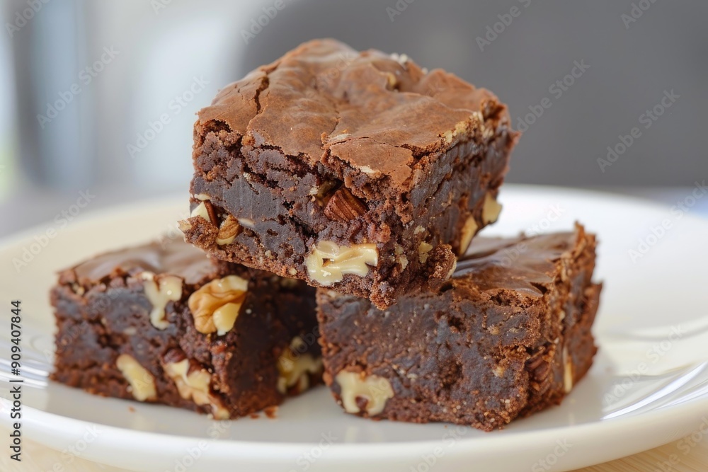 Three homemade brownies stacked on top of each other, filled with walnuts Three homemade brownies stacked on top of each other, filled with walnuts