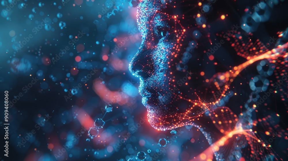 A woman's face is shown in a blue and orange background. The image is abstract and has a futuristic feel to it A woman's face is shown in a blue and orange background. The image is abstract and has a futuristic feel to it