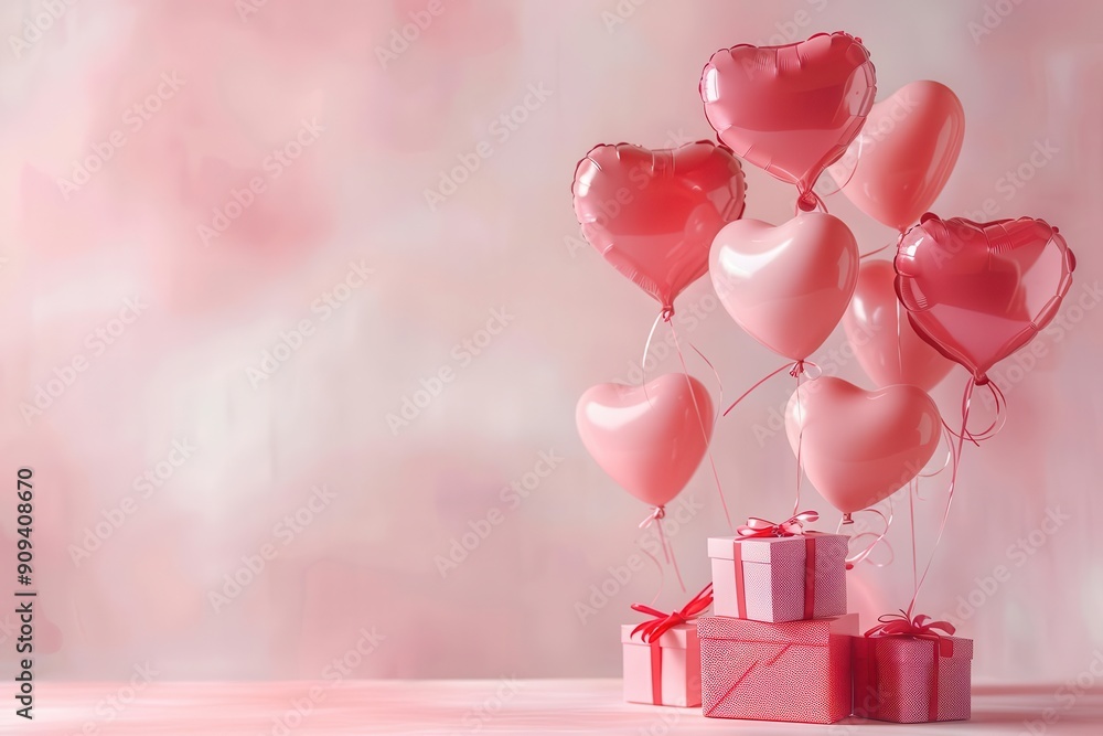 floating heartshaped balloons in various shades of pink and red accompanied by elegantly wrapped gift boxes against a soft pastel background romantic and whimsical valentines day scene floating heartshaped balloons in various shades of pink and red accompanied by elegantly wrapped gift boxes against a soft pastel background romantic and whimsical valentines day scene