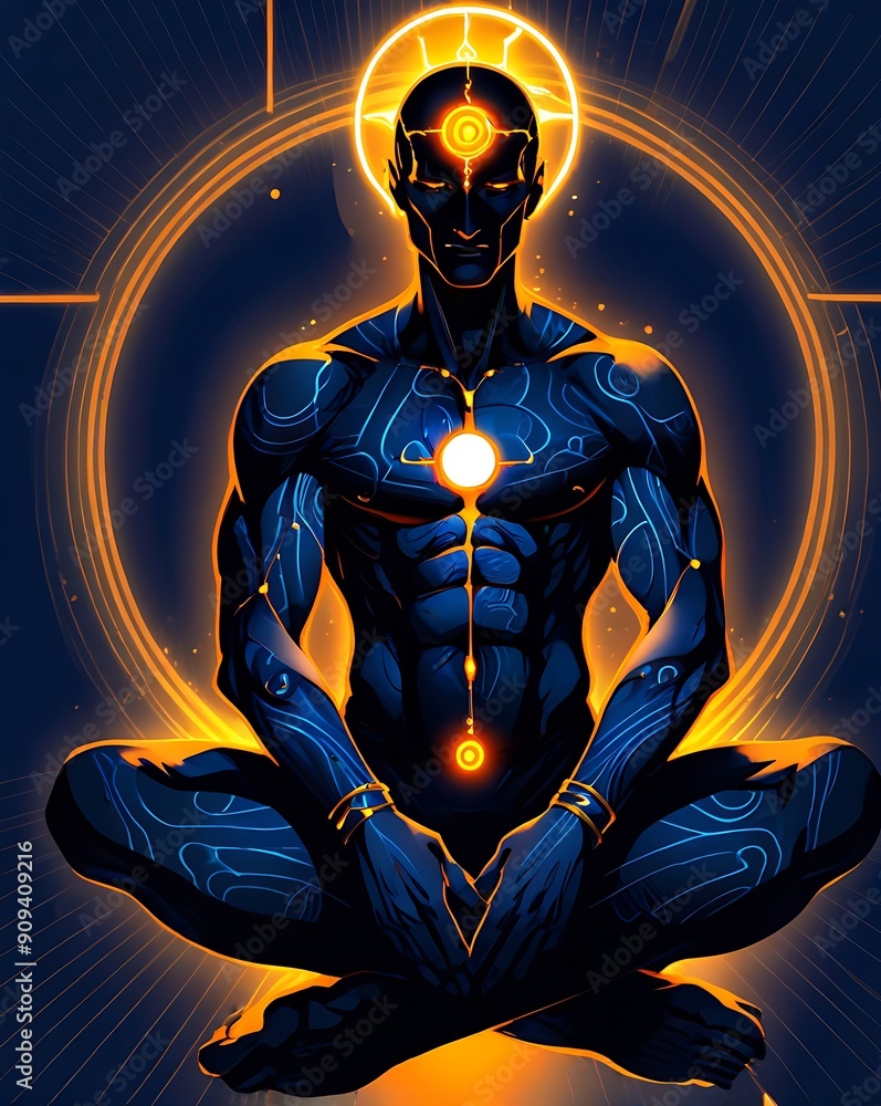 Blueskinned figure with glowing tattoos meditates with golden halo. Suitable for spiritual, fantasy, meditation, and symbolic concepts in design. 1 Blueskinned figure with glowing tattoos meditates with golden halo. Suitable for spiritual, fantasy, meditation, and symbolic concepts in design. 1