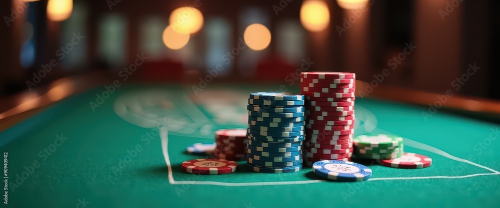 Fototapeta premium Casino Chips on Green Felt Table.