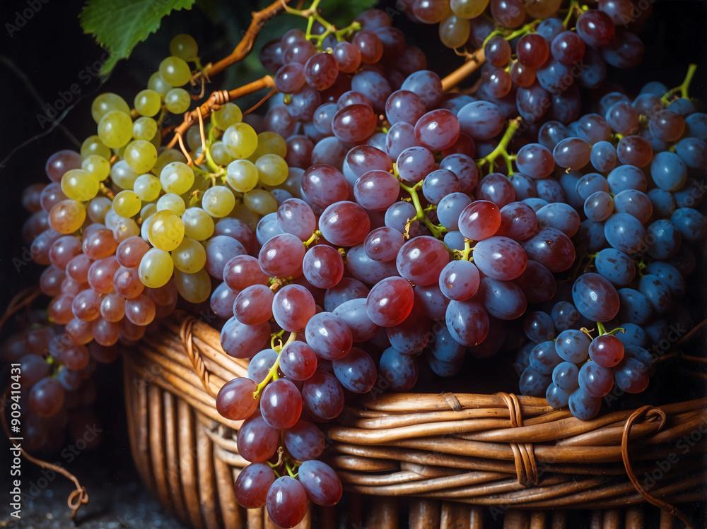 Fototapeta premium bunches of grapes in wicker basket