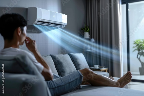 Refreshing comfort: air conditioner with ioniser and water vapour, highlighting the concept of cooling effectiveness and clean air, surviving the summer heat and ensuring well-being in warm climates photo