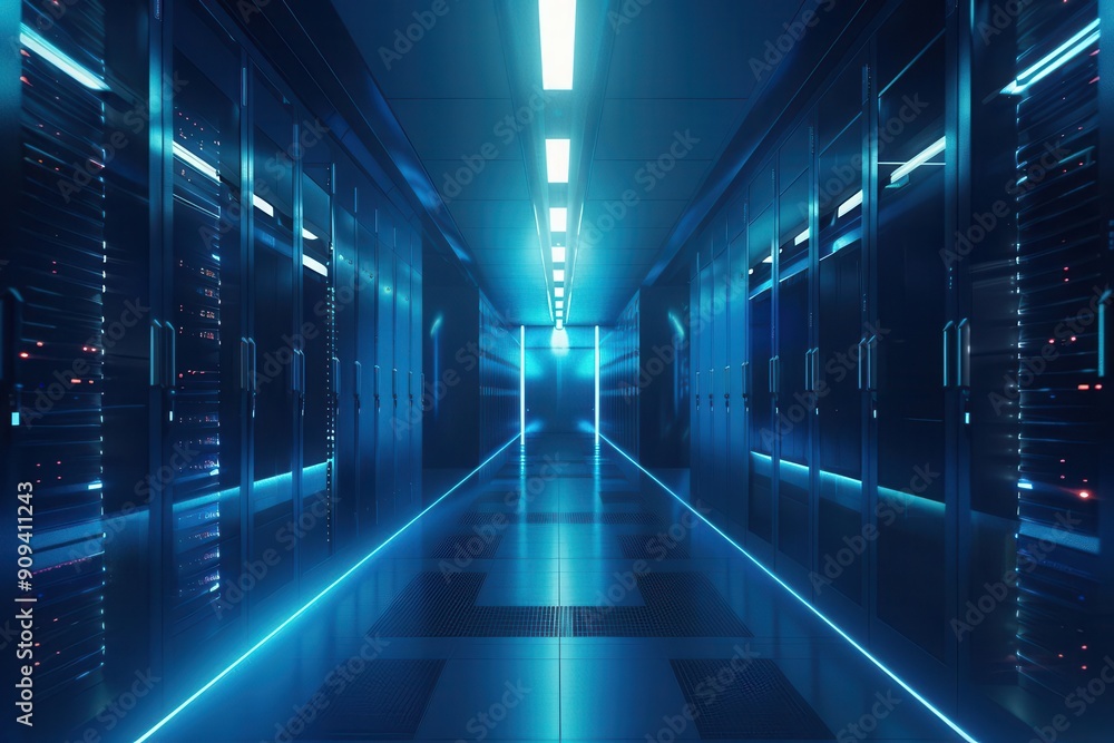 futuristic data center with sleek server racks cool blue lighting minimalist design hightech atmosphere clean lines 4k resolution concept art futuristic data center with sleek server racks cool blue lighting minimalist design hightech atmosphere clean lines 4k resolution concept art