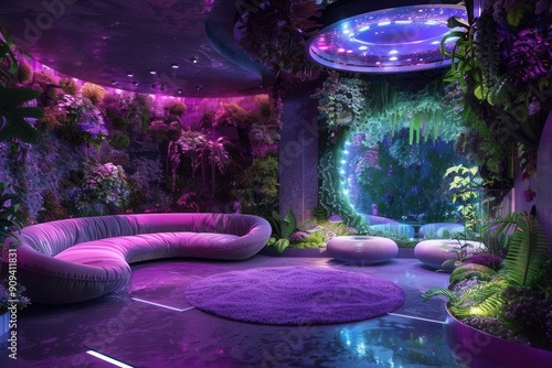 futuristic ecohome interior with living walls floating furniture and holographic art displays bathed in soft bioluminescent lighting photo