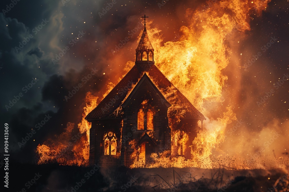 custom made wallpaper toronto digitalChurch burning intensely at night with an ominous sky in the background