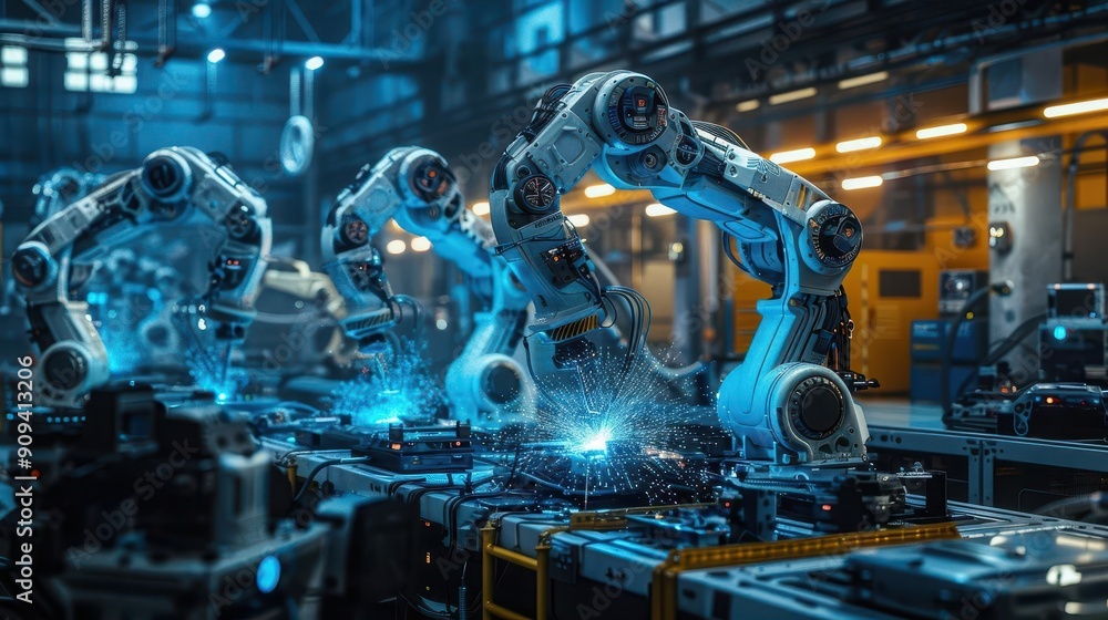 futuristic robotic arms perform precision welding in a hightech industrial facility blue sparks fly as aicontrolled machines work in perfect harmony surrounded by sleek metallic surfaces futuristic robotic arms perform precision welding in a hightech industrial facility blue sparks fly as aicontrolled machines work in perfect harmony surrounded by sleek metallic surfaces