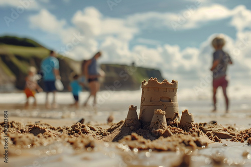 Family playing on the beach with sand castle in the foreground