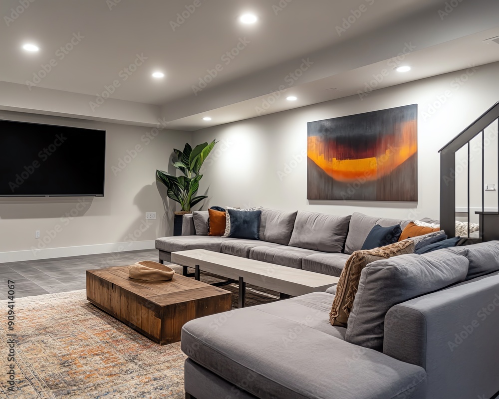 Modern living room with comfortable gray sectional sofa, wall art, and wooden coffee table under bright ceiling lights. Modern living room with comfortable gray sectional sofa, wall art, and wooden coffee table under bright ceiling lights.