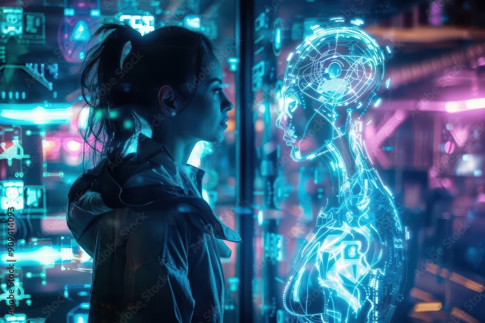 Fototapeta premium futuristic scene of woman facing off against holographic ai entity neonlit cyberpunk setting tension visible in body language exploring humanmachine relationship