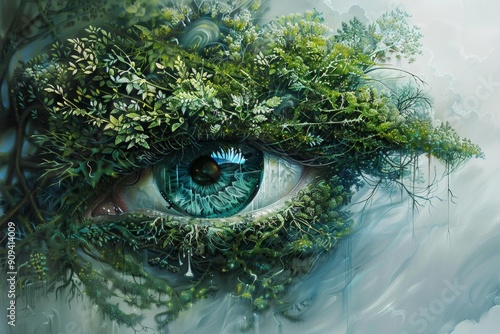 Surreal digital painting showing a human eye with plants and trees growing on it, conveying a message of environmental awareness