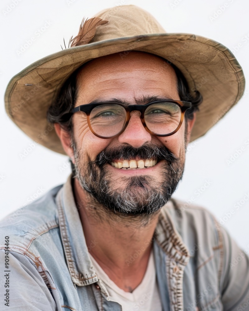 Smiling middle-aged bearded man wearing glasses and a hat, showing a cheerful demeanor. Smiling middle-aged bearded man wearing glasses and a hat, showing a cheerful demeanor.