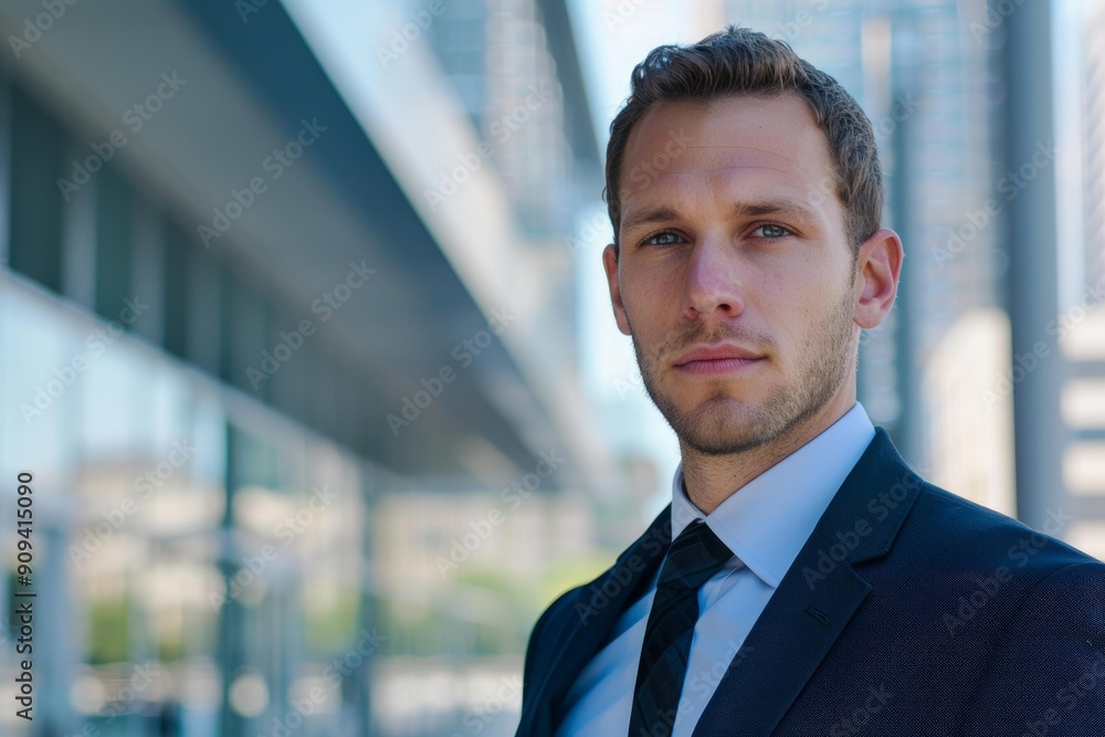 Portrait of a confident businessman posing in a suit with a blurred cityscape in the background Portrait of a confident businessman posing in a suit with a blurred cityscape in the background