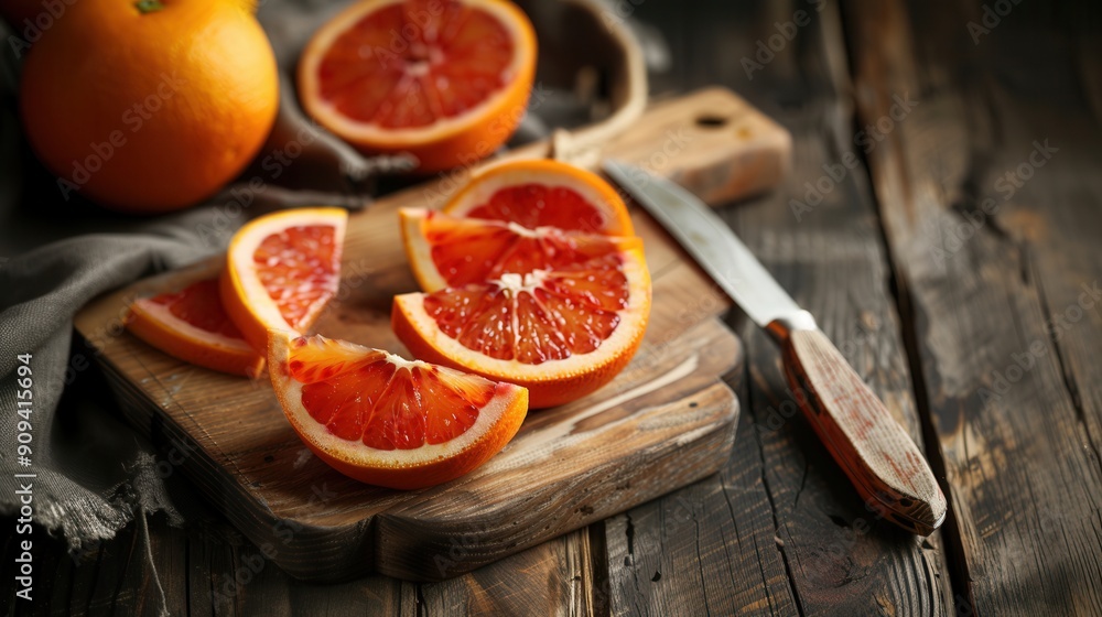 Fresh red blood orange fruit on cut board with knife closeup view Fresh red blood orange fruit on cut board with knife closeup view