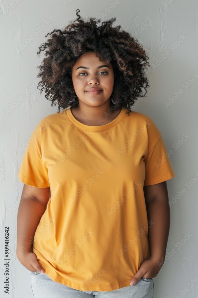 Confident young African American woman with curly hair wearing a yellow t-shirt, standing against a muted background. Confident young African American woman with curly hair wearing a yellow t-shirt, standing against a muted background.