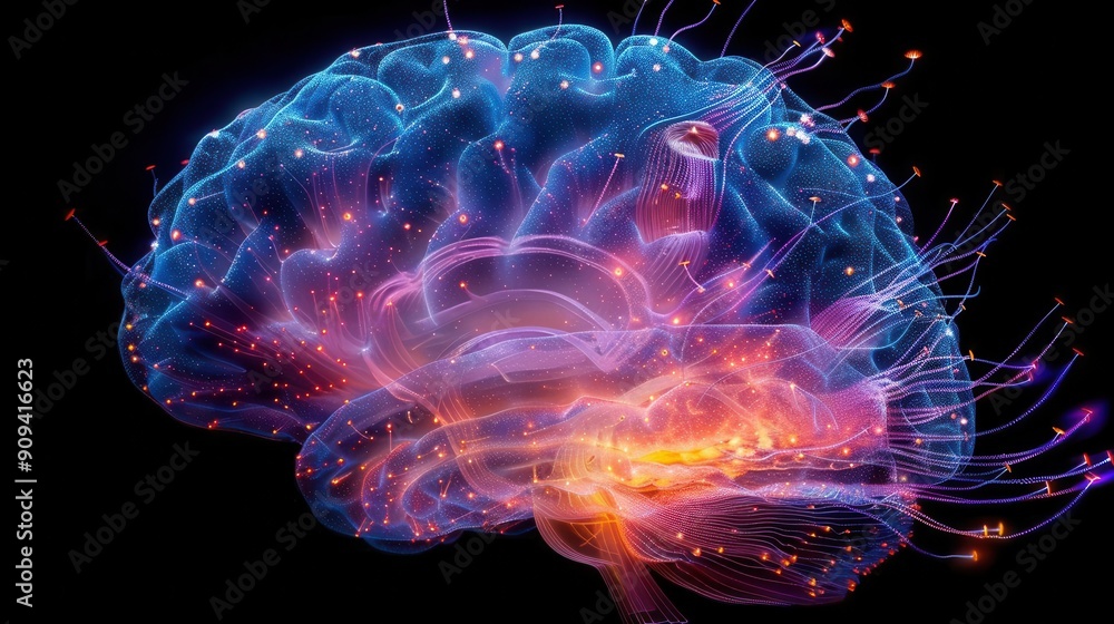 intricate network of glowing neural pathways pulsing with electrical activity across a translucent brain model vibrant colors highlight different regions illustrating complex cognitive processes intricate network of glowing neural pathways pulsing with electrical activity across a translucent brain model vibrant colors highlight different regions illustrating complex cognitive processes