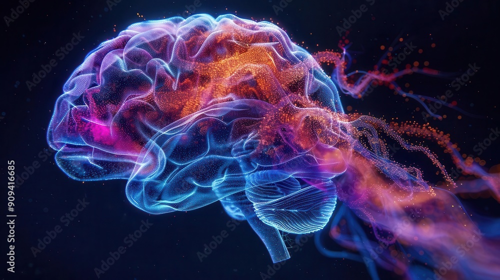 intricate network of glowing neural pathways pulsing with electrical activity across a translucent brain model vibrant colors highlight different regions illustrating complex cognitive processes intricate network of glowing neural pathways pulsing with electrical activity across a translucent brain model vibrant colors highlight different regions illustrating complex cognitive processes
