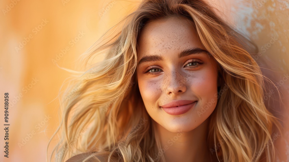 luminous portrait of smiling blonde woman hair cascading in golden waves pastel background enhances radiant complexion ideal for beauty campaign luminous portrait of smiling blonde woman hair cascading in golden waves pastel background enhances radiant complexion ideal for beauty campaign