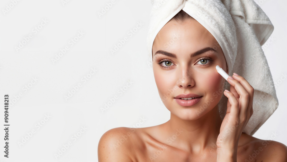 Beautiful woman applying under eye cream and smiling Beautiful woman applying under eye cream and smiling