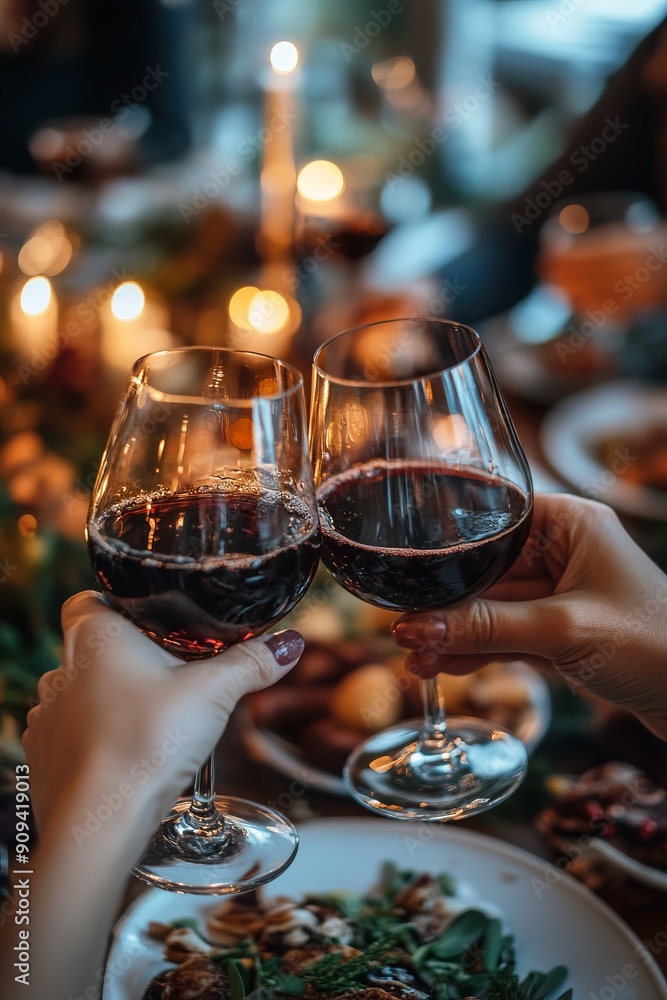 Close up of two people toasting celebrating Thanksgiving with friends and family Close up of two people toasting celebrating Thanksgiving with friends and family