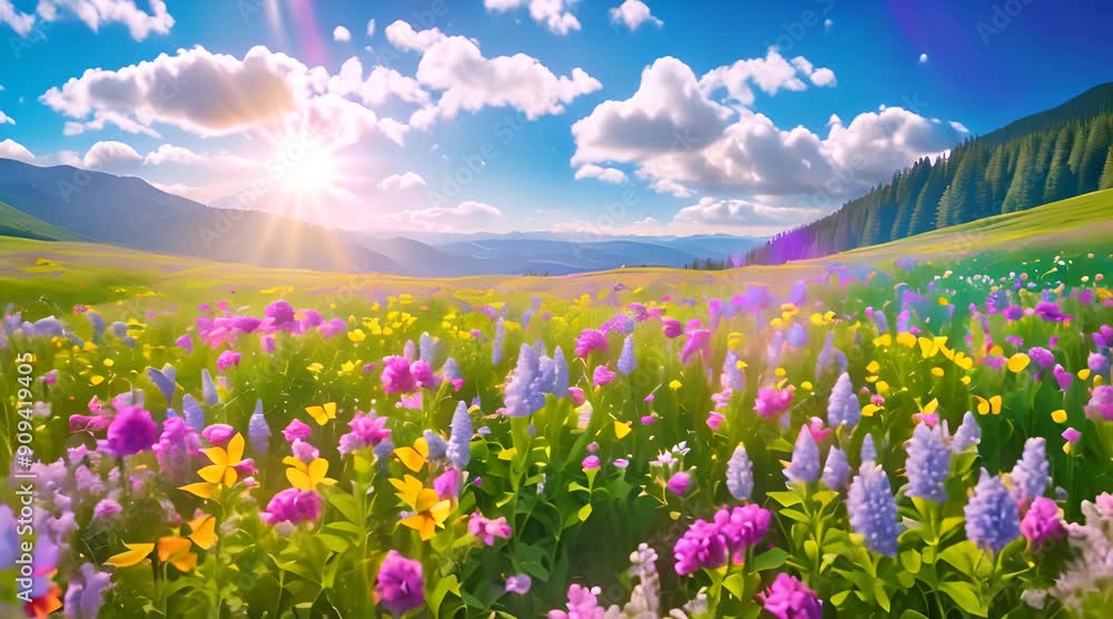 A vast spring wildflower field in beautiful sunlight, with vibrant flowers in every color of the rainbow A vast spring wildflower field in beautiful sunlight, with vibrant flowers in every color of the rainbow