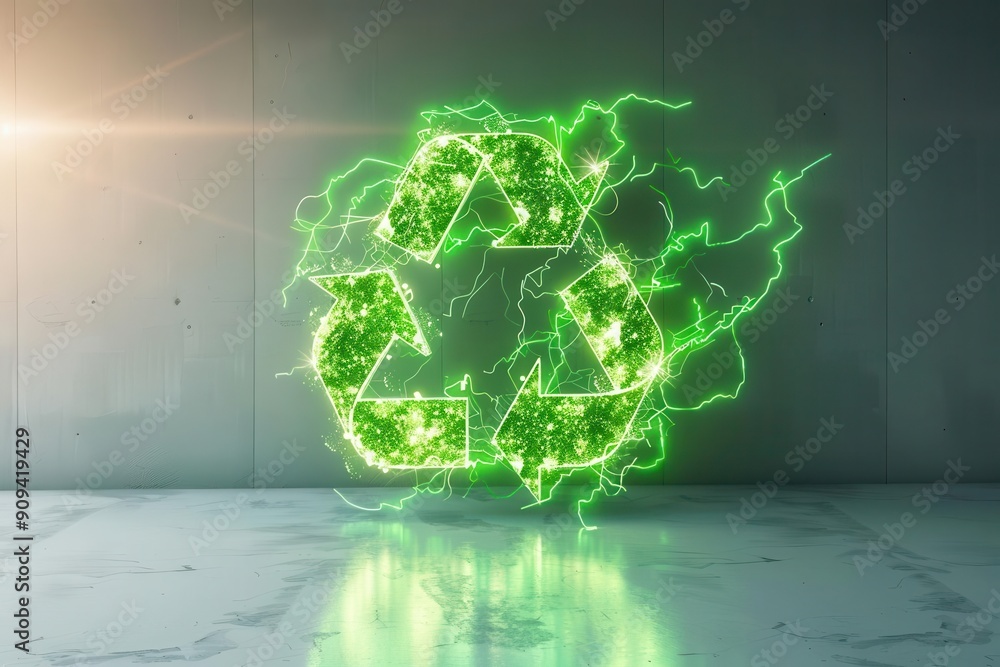 Obraz premium futuristic recycling symbol formed by glowing green energy streams hovering above a minimalist white surface conveying a hightech approach to sustainability