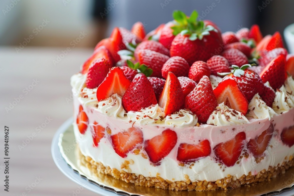 Delicious strawberry cake is sitting on a cake stand and waiting to be eaten Delicious strawberry cake is sitting on a cake stand and waiting to be eaten