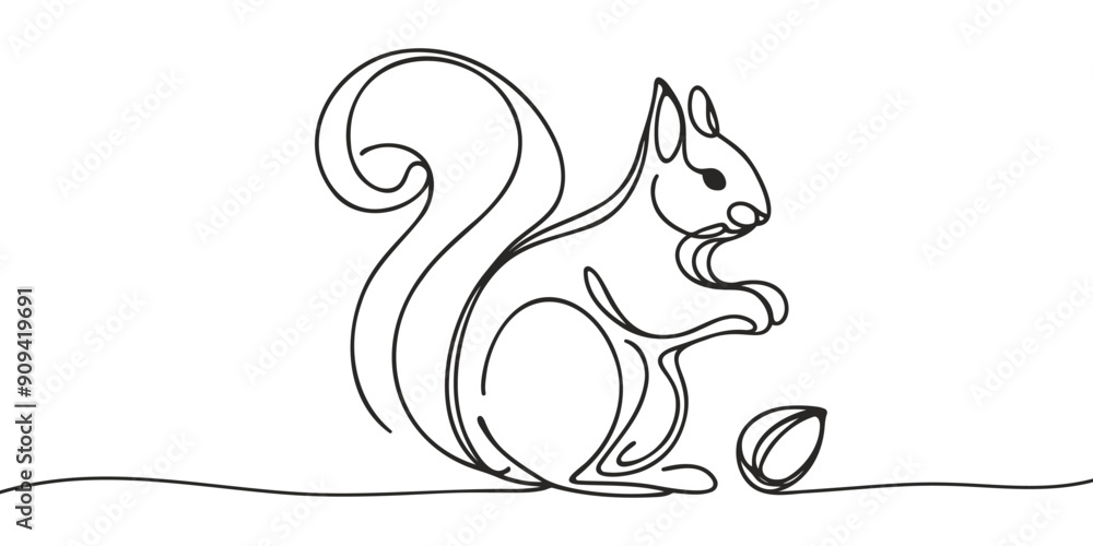 Continuous one line drawing squirrel sits eating nuts. Animals concept single line draw design graphic vector illustration Continuous one line drawing squirrel sits eating nuts. Animals concept single line draw design graphic vector illustration