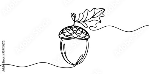 One line art acorn. Single line art. Autumn theme background