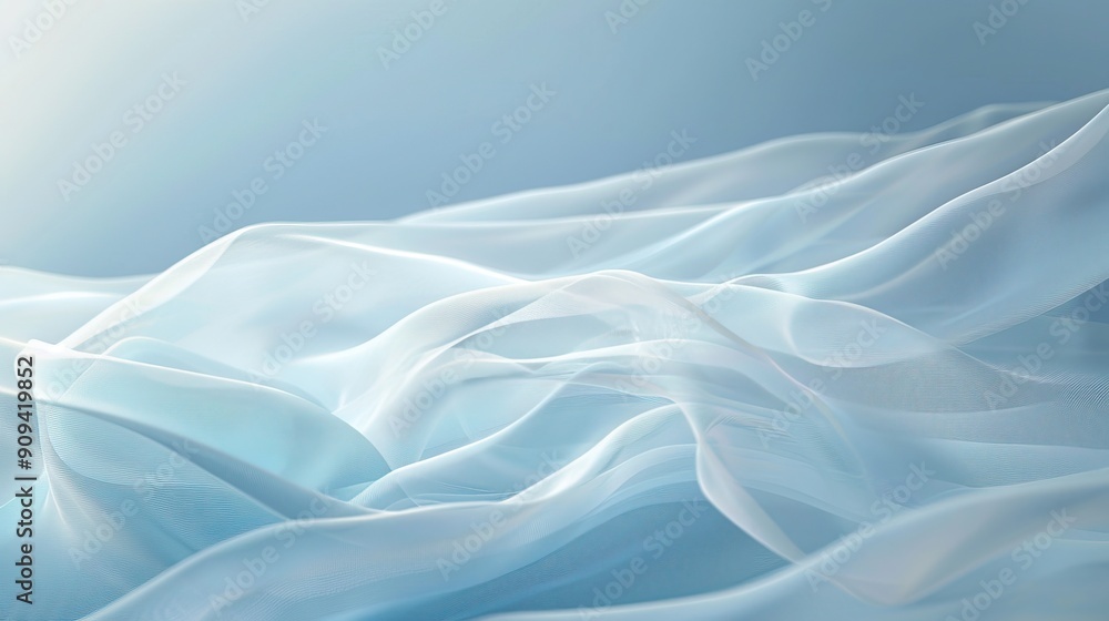 Close-up of a light blue sheer fabric with delicate folds and ripples, giving it a soft, flowing appearance. Light blue shades background Close-up of a light blue sheer fabric with delicate folds and ripples, giving it a soft, flowing appearance. Light blue shades background