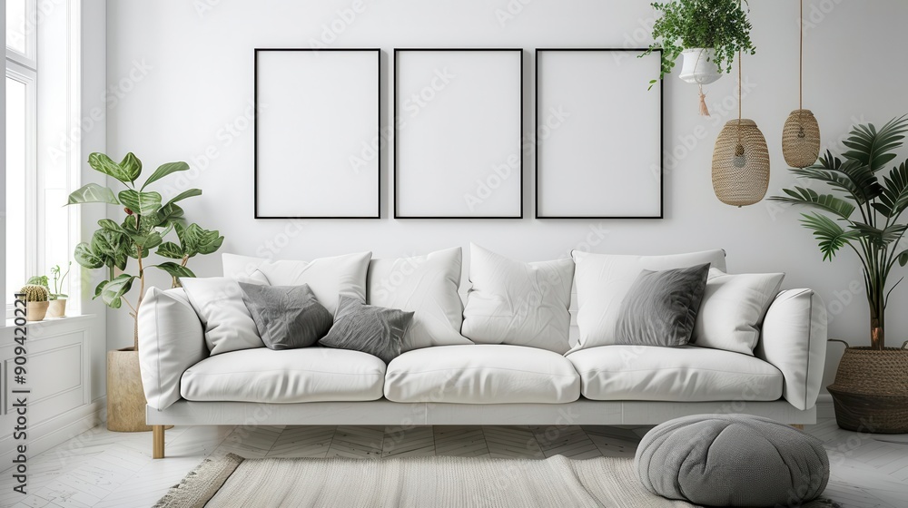 minimalist scandinavian living room with clean lines and neutral tones three empty picture frames on a pristine white wall above a sleek sofa ready for personalized artwork or photographs minimalist scandinavian living room with clean lines and neutral tones three empty picture frames on a pristine white wall above a sleek sofa ready for personalized artwork or photographs