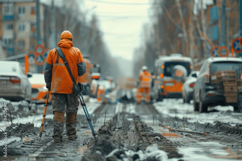 Road Construction Worker Surveying with Precision Planning Ensuring Accurate Measurements and Efficient Project Execution Road Construction Worker Surveying with Precision Planning Ensuring Accurate Measurements and Efficient Project Execution