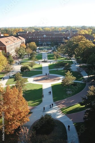 Birdseye view of college campus central area 