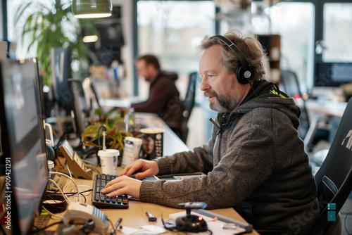 male webmaster around 40 years old of a sportsclub working at a computer photo