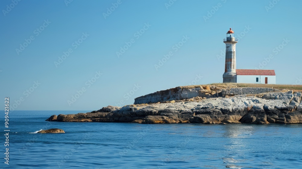 Lighthouse and small building on rocky coastline, surrounded by calm sea under clear blue sky Lighthouse and small building on rocky coastline, surrounded by calm sea under clear blue sky