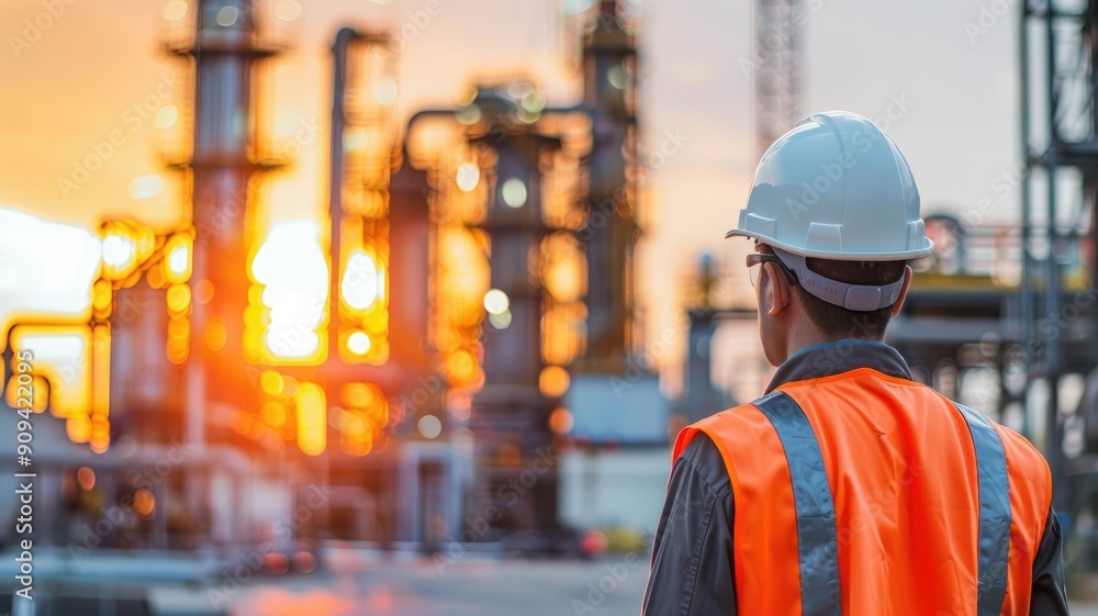 Worker in safety gear observing refinery at sunset Worker in safety gear observing refinery at sunset