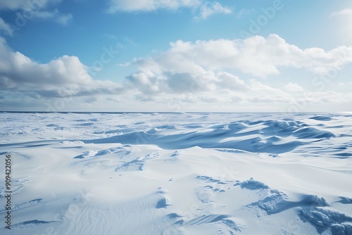 Scenic view of snow covered land against sky, winter landscape with snowdrifts photo