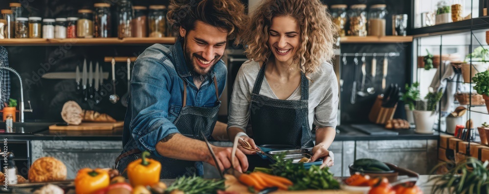 Young couple having fun, unpacking kitchen utensils, expressing creativity, copy space, bohemian theme, futuristic, overlay, modern loft backdrop Young couple having fun, unpacking kitchen utensils, expressing creativity, copy space, bohemian theme, futuristic, overlay, modern loft backdrop