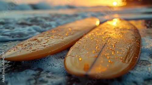 Two orange surf boards floating on the sea shore with waves in the background during summer sunset. outdoor sports, vacation. photo