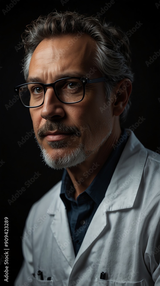 Fototapeta premium scientist on plain black background with copy space backdrop portrait