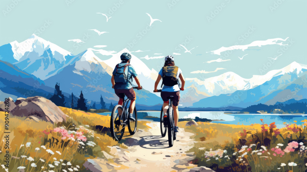 Fototapeta premium Couple Cycling Through Mountain Landscape