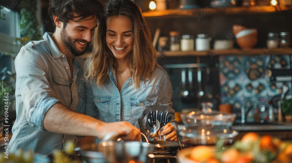 Young couple unpacking utensils, setting up kitchen, close up, cozy ambiance, vibrant, fusion, new apartment backdrop Young couple unpacking utensils, setting up kitchen, close up, cozy ambiance, vibrant, fusion, new apartment backdrop