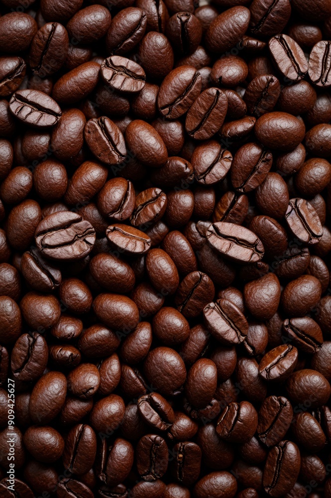 Obraz premium Dark roasted coffee beans placed tightly together revealing rich brown hues 