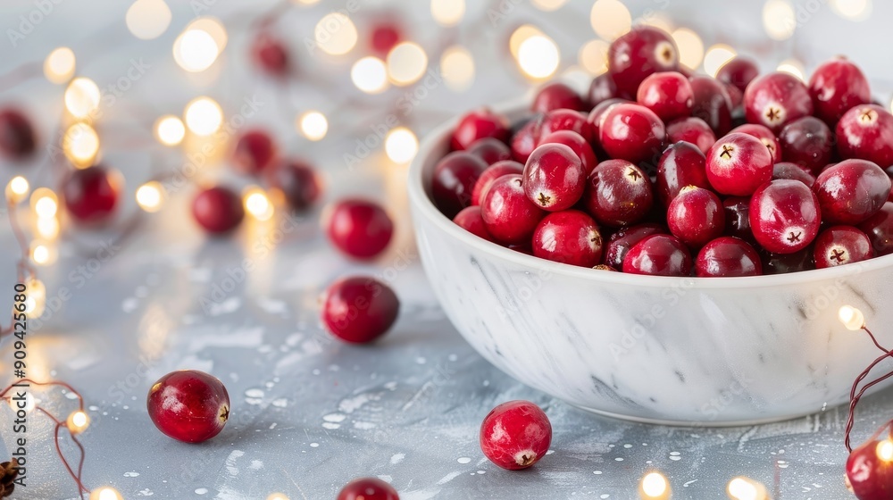 A whimsical still life of cranberries with tiny holiday ornaments and fairy lights, creating a festive and magical mood perfect for seasonal imagery A whimsical still life of cranberries with tiny holiday ornaments and fairy lights, creating a festive and magical mood perfect for seasonal imagery